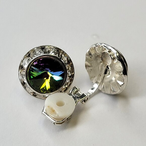 Green Clip On Earrings, Small Round Aurora Color Crystal Tiny ClipOns Earrings - Picture 4 of 4